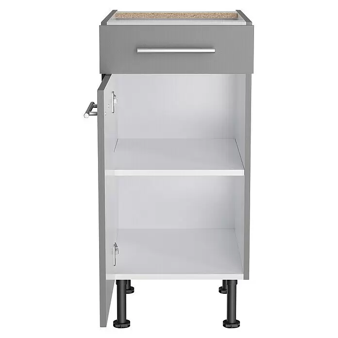 Optifit Unterschrank Optikomfort Mats825 - L x B x H: 58,1 x 40 x 87 cm, Basaltgrau - Offener grauer Küchenunterschrank mit weißer Innenausstattung, Schublade, zwei Regalböden und verstellbaren schwarzen Beinen.