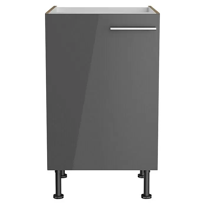 Optifit Spülenunterschrank Jonte984 - L x B x H: 58,1 x 50 x 87 cm, Glanz Lack Anthrazit - Dunkelgrauer Hochglanz-Küchenunterschrank mit silbernem Stangengriff und schwarzen verstellbaren Füßen.
