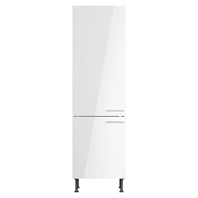 Optifit Hochschrank Optikomfort Rurik986 - L x B x H: 58,1 x 60 x 211,8 cm, Glanz Lack Weiß - Weißer glänzender zweitüriger Kühlschrank mit silbernen Griffen und schwarzen Füßen.