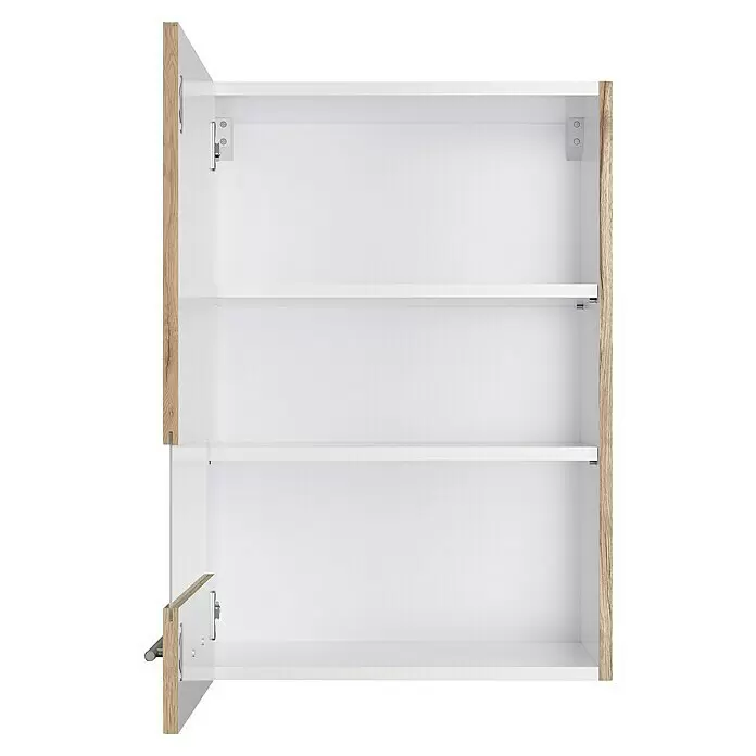 Optifit Glas-Hängeschrank Erik290 - L x B x H: 34,6 x 50 x 70,4 cm, Nachbildung Wildeiche - Offener weißer Wandschrank mit zwei Regalböden, hellem Holzdekor und leicht geöffneter Tür.
