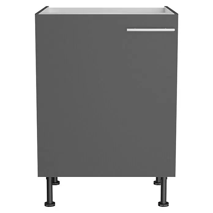 Optifit Spülenunterschrank Ingvar420 - L x B x H: 58,1 x 60 x 87 cm, Anthrazit matt - Dunkelgrauer Küchenunterschrank mit silbernem Horizontalgriff und schwarzen verstellbaren Füßen.