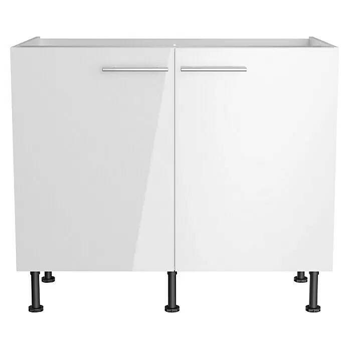 Optifit Spülenunterschrank Optikomfort Rurik986 - L x B x H: 58,1 x 100 x 87 cm, Glanz Lack Weiß - Weißer zweitüriger Unterschrank mit silbernen Griffen und schwarzen Beinen.