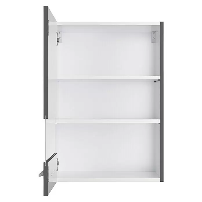 Optifit Glas-Hängeschrank Ingvar420 - L x B x H: 34,6 x 50 x 70,4 cm, Anthrazit matt - Offener weißer Schrank mit drei Regalböden und grauen Seiten, Scharniere sichtbar.