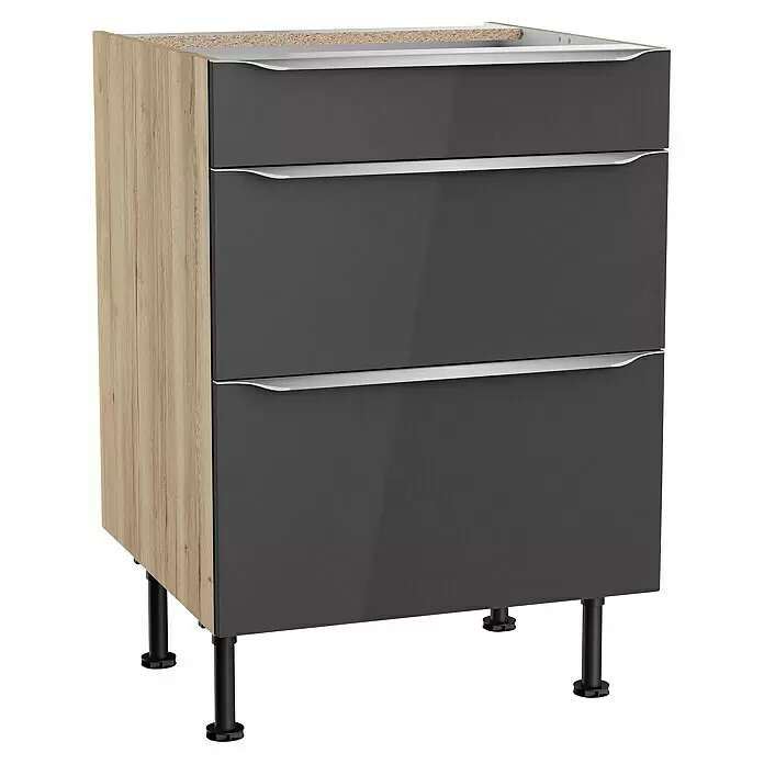 Optifit Unterschrank Optikomfort Linus984L x B x H: 58,1 x 60 x 87 cm, Glanz Lack Anthrazit, Mit 3 Schubkästen
