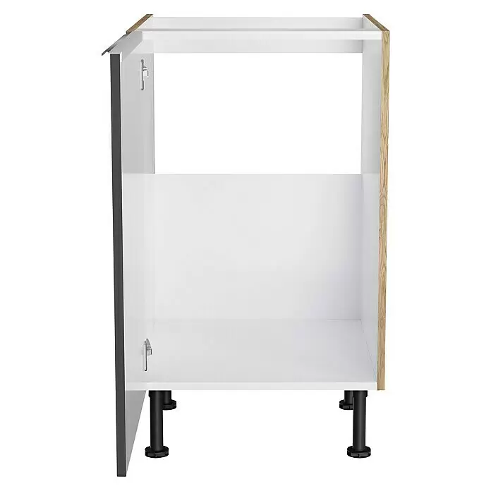 Optifit Spülenunterschrank Optikomfort Linus984 - L x B x H: 58,1 x 50 x 87 cm, Glanz Lack Anthrazit - Offener weißer Küchenschrankrahmen mit Holzoptik- und grauen Kanten sowie schwarzen verstellbaren Füßen.
