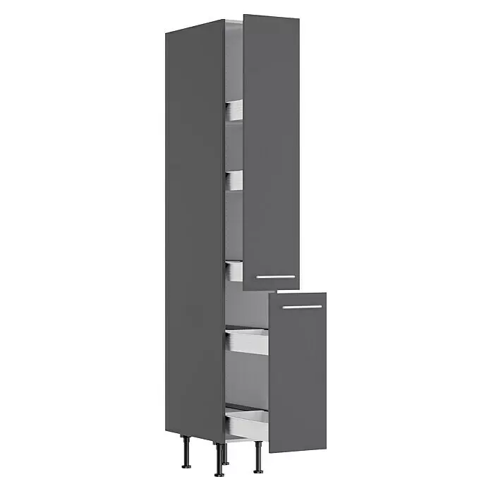 Optifit Apotheker-Hochschrank Ingvar420 - L x B x H: 58,1 x 30 x 211,8 cm, Anthrazit matt - Hoher dunkelgrauer Vorratsschrank mit offenen Türen, Auszugschubladen und verstellbaren schwarzen Füßen.
