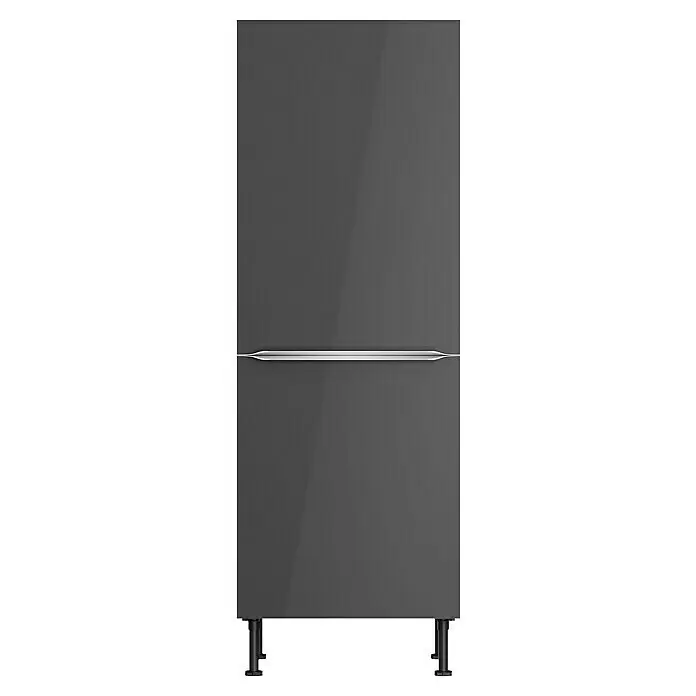 Optifit Midischrank Optikomfort Linus984 - L x B x H: 58,1 x 60 x 176,6 cm, Glanz Lack Anthrazit, Für integrierbaren Kühlschrank - Dunkelgrauer Hochglanz-Kühlschrank mit horizontalem silbernem Griff und schwarzen Stellfüßen.
