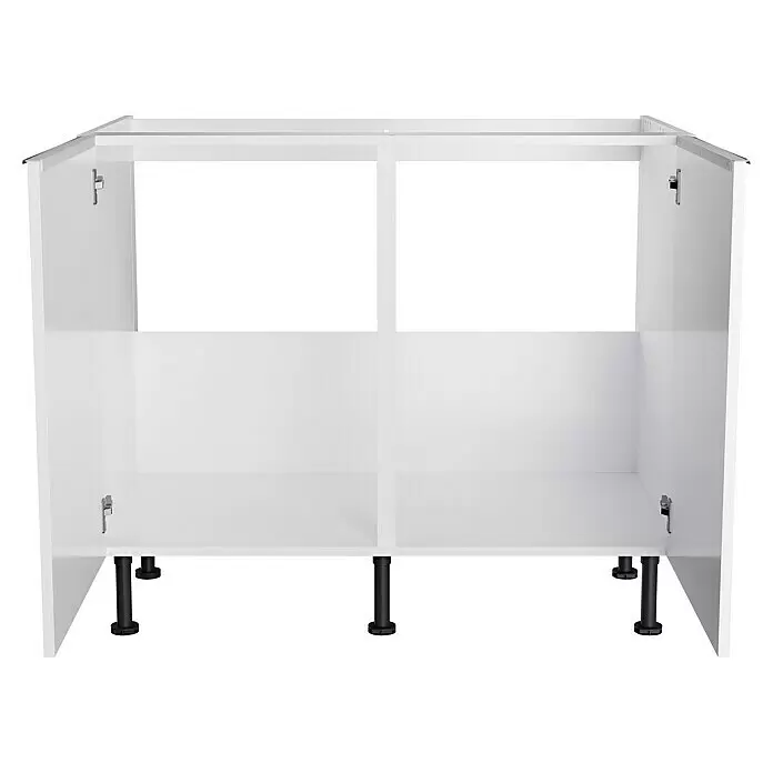 Optifit Spülenunterschrank Optikomfort Arvid 986 - 58,1 x 100 x 87 cm, Glanz Lack Weiß - Weißer zweiteiliger Küchenunterschrank-Korpus mit schwarzen verstellbaren Standfüßen, offen.