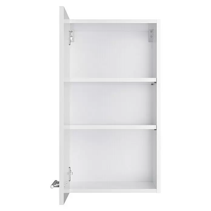 Optifit Hängeschrank Optikomfort Rurik986 - L x B x H: 34,6 x 40 x 70,4 cm, Glanz Lack Weiß - Offener weißer Schrank mit drei Regalböden und sichtbaren Scharnieren.