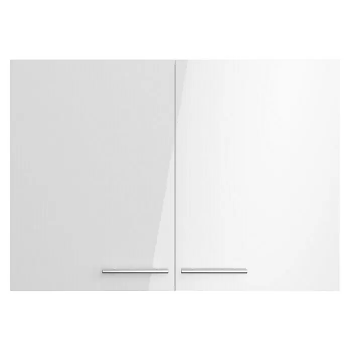 Optifit Hängeschrank Optikomfort Rurik986 - L x B x H: 34,6 x 100 x 70,4 cm, Glanz Lack Weiß - Zwei weiße Hochglanz-Küchenschranktüren mit silbernen Stangengriffen.
