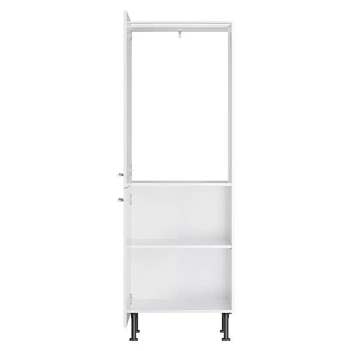 Optifit Geräteumbauschrank Optikomfort Rurik986 - L x B x H: 58,1 x 60 x 176,6 cm, Glanz Lack Weiß, Für integrierbaren Kühlschrank - Weißer offener Kleiderschrankrahmen mit Regalen, einer oberen Kleiderstange und schwarzen verstellbaren Füßen.
