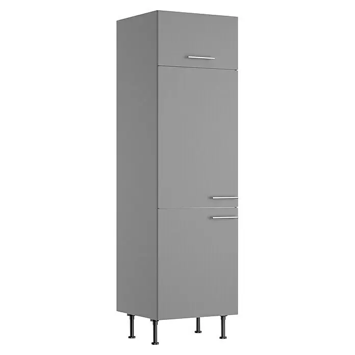 Optifit Küchen-Hochschrank Optikomfort Mats825 - L x B x H: 58,1 x 60 x 211,8 cm, Basaltgrau, Platz integrierbaren Kühlschrank - Hoher grauer Schrank mit silbernen Griffen und schwarzen Standfüßen, zur Aufbewahrung.