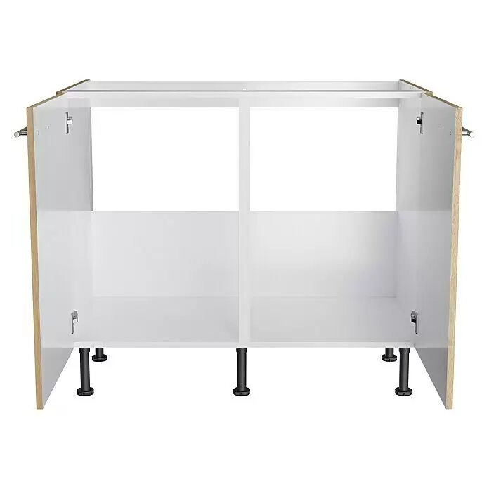 Optifit Spülenunterschrank Erik290 - L x B x H: 58,1 x 100 x 87 cm, Nachbildung Wildeiche - Offener weißer Küchenunterschrank mit hellholzfarbenen Seiten und schwarzen verstellbaren Beinen, mit zwei Innenfächern.