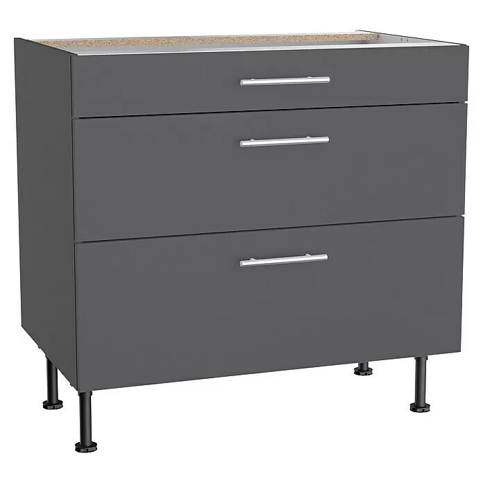 Optifit Küchen-Unterschrank Ingvar420 - L x B x H: 58,1 x 90 x 87 cm, Anthrazit matt, Mit Schubkästen - Dunkelgrauer Unterschrank mit drei Schubladen, silbernen Griffen und schwarzen Beinen.