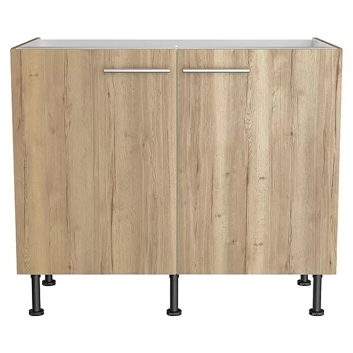 Optifit Spülenunterschrank Erik290 - L x B x H: 58,1 x 100 x 87 cm, Nachbildung Wildeiche - Heller Unterschrank in Holzoptik mit zwei Türen, silbernen Griffen und schwarzen Beinen.