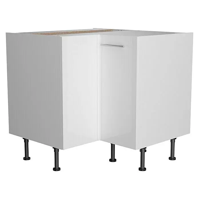 Optifit Küchen-Eck-Unterschrank Optikomfort Rurik986 - L x B x H: 58,1 x 90 x 87 cm, Glanz Lack Weiß - Weißer Kücheneckunterschrank mit Metallgriff und schwarzen verstellbaren Beinen. Obere Kante zeigt rohes Holzspanplatte.