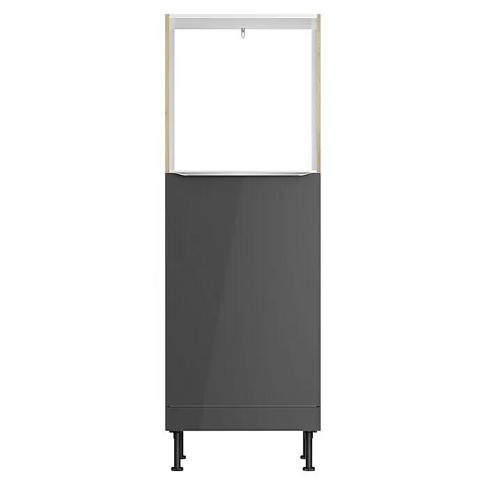 Optifit Midischrank Optikomfort Linus984 - L x B x H: 58,1 x 60 x 176,6 cm, Glanz Lack Anthrazit, Für Einbaubackofen und integrierbaren Kühlschrank - Dunkelgrauer Hochglanz-Unterschrank mit weißem Rahmen, Holzoptik-Leiste, Metallgriff und schwarzen Stellfüßen.