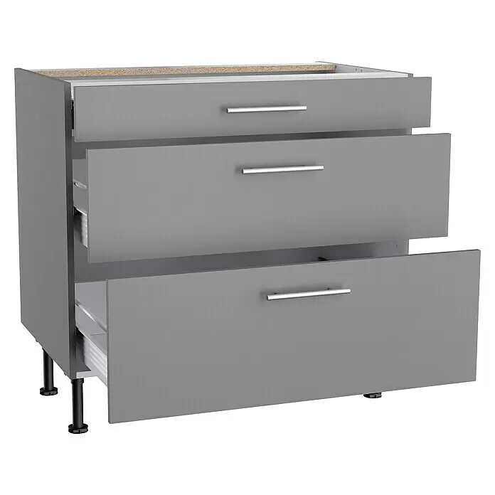 Optifit Unterschrank Optikomfort Mats825 - L x B x H: 58,1 x 90 x 87 cm, Basaltgrau, Mit Schubkästen - Grauer Schrank mit drei Schubladen, zwei davon teilweise geöffnet, mit silbernen Griffen und schwarzen Beinen.