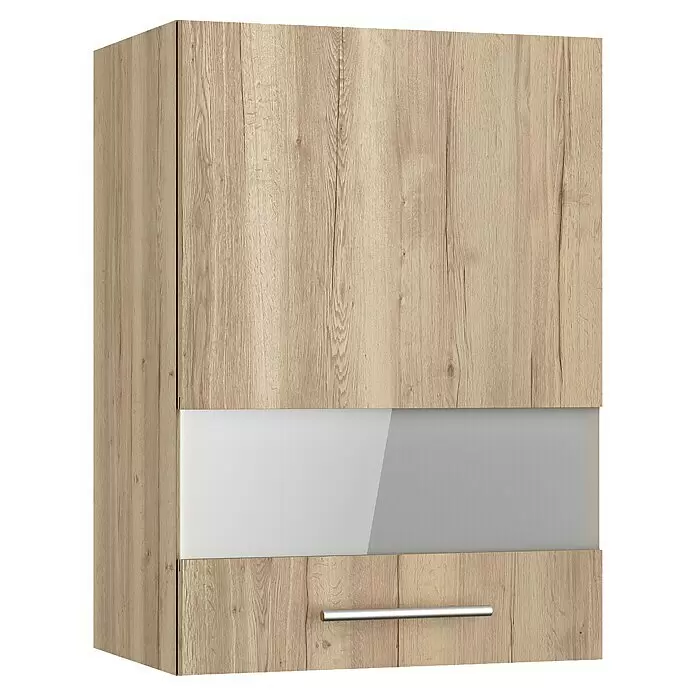 Optifit Glas-Hängeschrank Erik290 - L x B x H: 34,6 x 50 x 70,4 cm, Nachbildung Wildeiche - Heller Wandschrank in Holzoptik mit glänzender weiß-grauer Platte und silbernem Griff.
