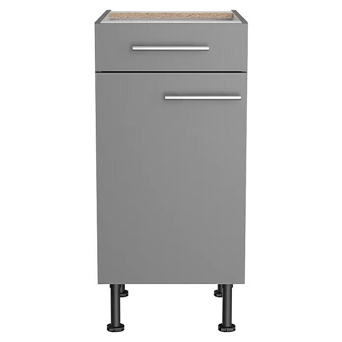 Optifit Unterschrank Optikomfort Mats825 - L x B x H: 58,1 x 40 x 87 cm, Basaltgrau - Grauer Küchenunterschrank mit Schublade, Tür, silbernen Griffen und schwarzen Beinen. Mit roher Holzkante oben.