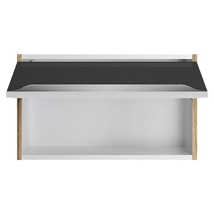 Optifit Hängeschrank Optikomfort Linus984 - L x B x H: 34,6 x 60 x 35,2 cm, Glanz Lack Anthrazit - Weißes Wandregal mit hellen Holz-Seiten und einer dunkelgrauen gewölbten Oberplatte.