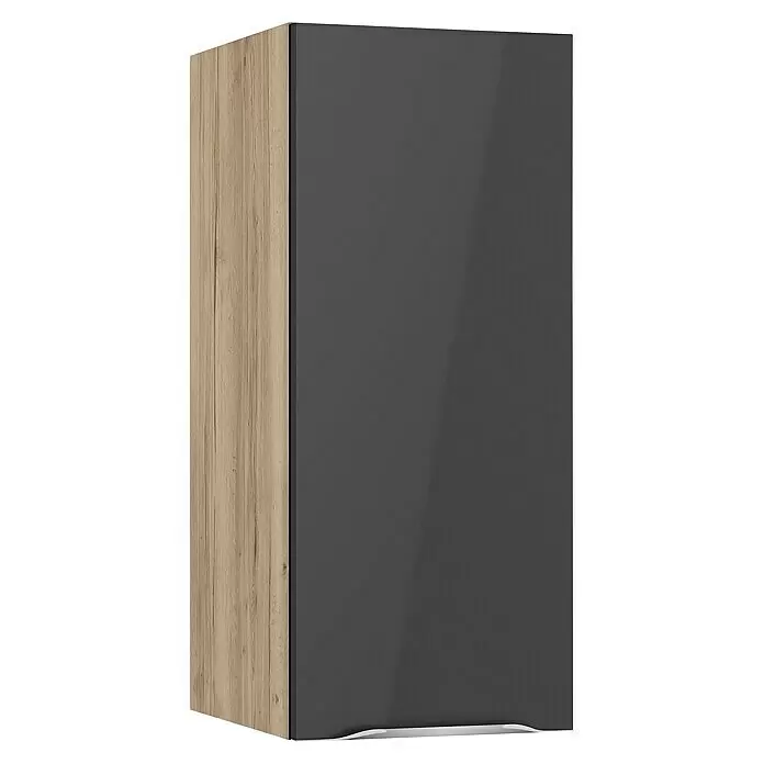 Optifit Hängeschrank Optikomfort Linus984 - L x B x H: 34,6 x 30 x 70,4 cm, Glanz Lack Anthrazit - Hoher Schrank mit heller Holzoptik-Seite und glänzender Anthrazit-Tür.