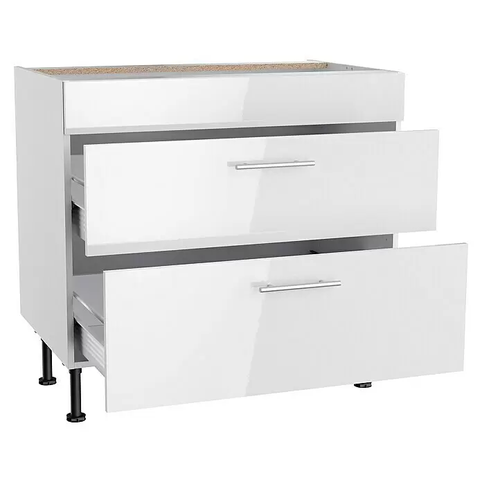 Optifit Küchen-Unterschrank Optikomfort Rurik986 - L x B x H: 58,1 x 90 x 87 cm, Glanz Lack Weiß, Platz für einen Einbauherd - Weißer Hochglanz-Küchenunterschrank mit zwei teilweise geöffneten Schubladen, silbernen Griffen und schwarzen Standfüßen. Unfertige Oberplatte sichtbar.