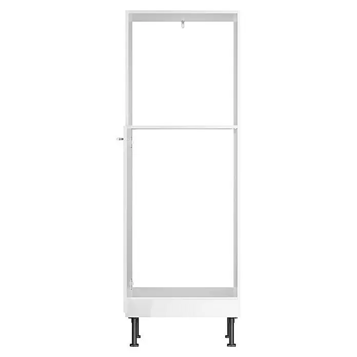 Optifit Geräteumbauschrank Optikomfort Rurik986 - L x B x H: 58,1 x 60 x 176,6 cm, Glanz Lack Weiß, Für Einbaubackofen und integrierbaren Kühlschrank - Weißes zweistufiges Unterschrankgestell mit verstellbaren schwarzen Beinen, bereit zur individuellen Anpassung.