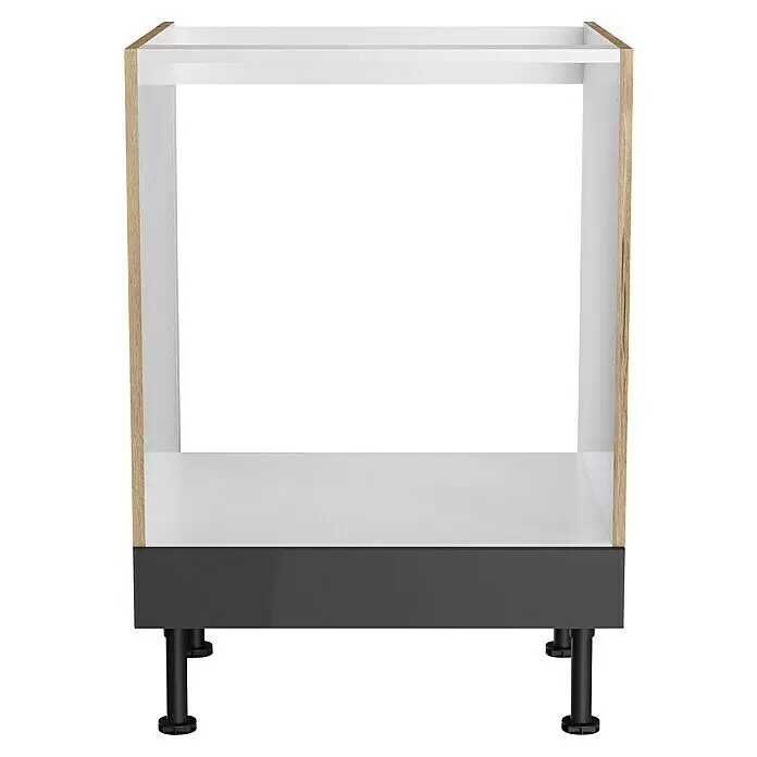 Optifit Herd-Umbauschrank Optikomfort Linus984 - L x B x H: 58,1 x 60 x 87 cm, Glanz Lack Anthrazit - Küchenunterschrank-Korpus mit weißem Innenraum, hellen Holzseiten, dunkelgrauer Sockelblende und schwarzen Stellfüßen.