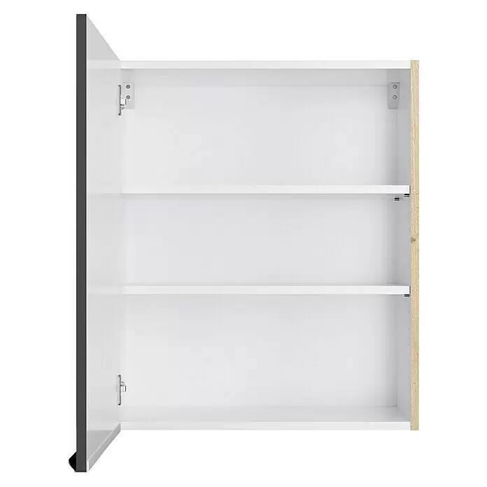 Optifit Hängeschrank Optikomfort Linus984 - L x B x H: 34,6 x 60 x 70,4 cm, Glanz Lack Anthrazit - Offener weißer Schrank mit drei verstellbaren Einlegeböden, einer dunkelgrauen linken und einer hellen Holz-rechten Seite.