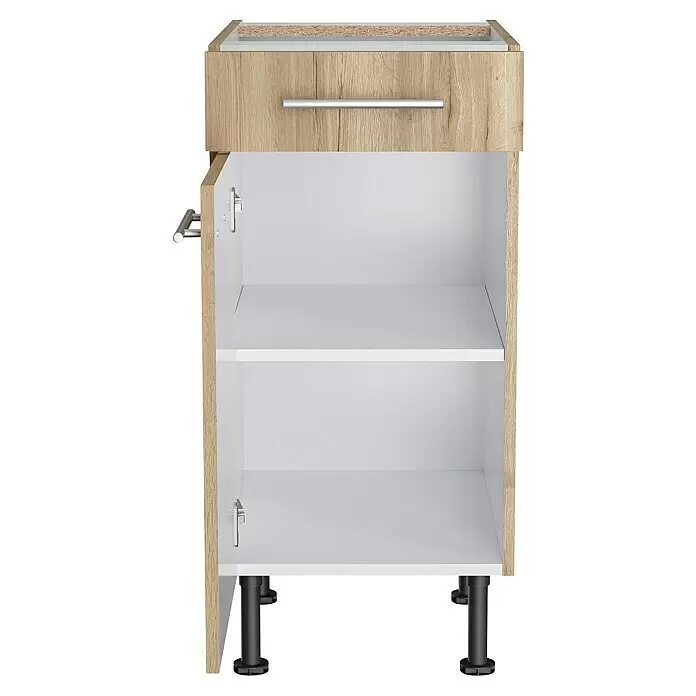 Optifit Unterschrank Erik290 - L x B x H: 58,1 x 40 x 87 cm, Nachbildung Wildeiche - Unterschrank in heller Holzoptik mit Schublade und zwei offenen weißen Fächern auf schwarzen Füßen.