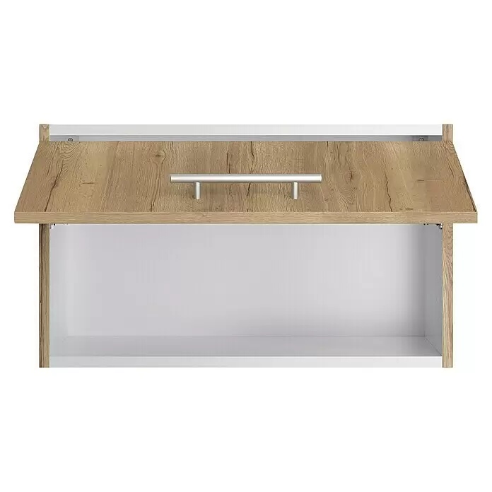 Optifit Hängeschrank Erik290 - L x B x H: 34,6 x 60 x 35,2 cm, Nachbildung Wildeiche - Offener Holzdekor-Schrank mit weißem Innenraum und silbernem Griff.