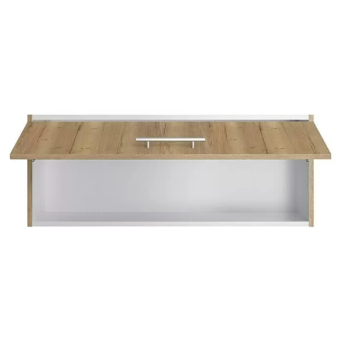 Optifit Hängeschrank Erik290 - L x B x H: 34,6 x 90 x 35,2 cm, Nachbildung Wildeiche - Wandschrank mit offener Klapptür in heller Eichenoptik und silbernem Stangengriff, zeigt weißen Innenraum.