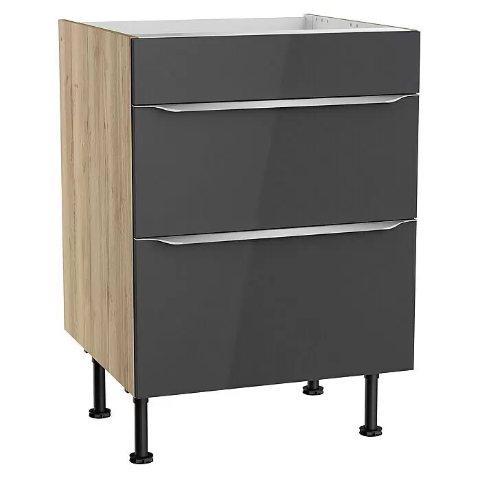Optifit Unterschrank Optikomfort Linus984L x B x H: 58,1 x 60 x 87 cm, Glanz Lack Anthrazit, Mit 2 Schubkästen