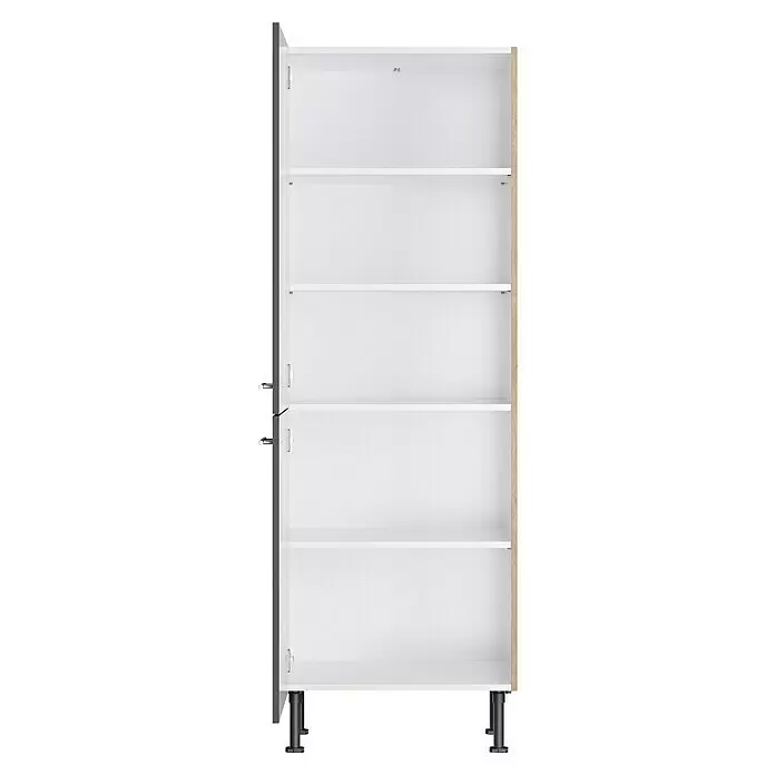 Optifit Midischrank Jonte984 - Glanz Lack Anthrazit, L x B x H: 58,1 x 60 x 176,6 cm - Offener Hochschrank mit fünf weißen Regalböden, dunkelgrauer Tür, heller Holzoptik-Seite und schwarzen verstellbaren Füßen.