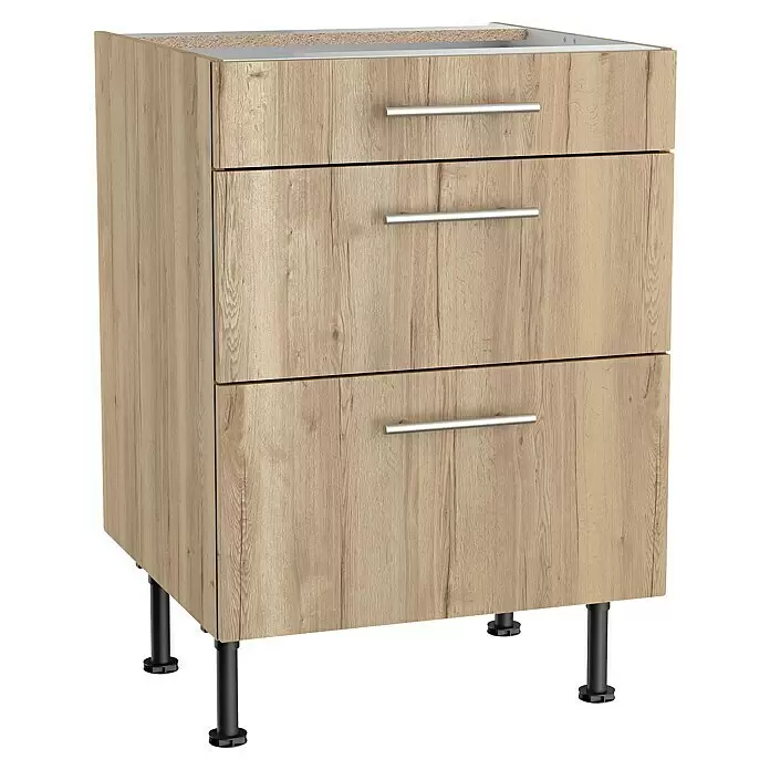 Optifit Küchen-Unterschrank Erik290 - L x B x H: 58,1 x 60 x 87 cm, Mit 3 Schubkästen - Unterschrank in heller Holzoptik mit drei Schubladen, silbernen Griffen und schwarzen Standfüßen.
