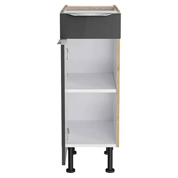 Optifit Unterschrank Optikomfort Linus984 - L x B x H: 58,1 x 30 x 87 cm, Glanz Lack Anthrazit - Offener Küchenunterschrank mit dunkelgrauer Frontplatte, zwei weißen Böden, Holzoptik-Seiten und schwarzen verstellbaren Füßen.