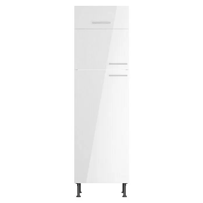 Optifit Geräteumbauschrank Optikomfort Rurik986 - L x B x H: 58,1 x 60 x 211,8 cm, Glanz Lack Weiß, Für integrierbare Kühl-Gefrierkombination - Hochglanzweißer Küchenschrank mit zwei verchromten Abschnitten und einer großen unteren Platte auf verstellbaren schwarzen Füßen.
