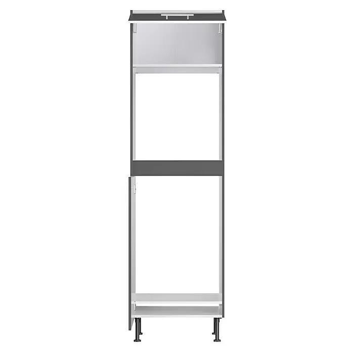 Optifit Hochschrank Ingvar420 - L x B x H: 58,1 x 60 x 211,8 cm, Anthrazit matt, Für Backofen und integrierbaren Kühlschrank - Modulschrank in Dunkelgrau und Weiß mit silbernen Griffen und verstellbaren Füßen, mit offenem Oberfach und einer offenen Untertür.