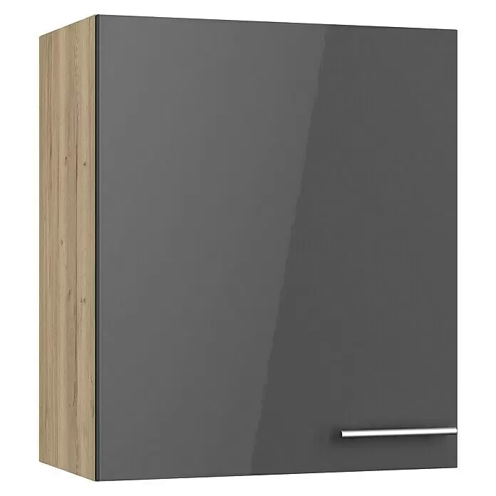 Optifit Hängeschrank Jonte984 - L x B x H: 34,6 x 60 x 70,4 cm, Glanz Lack Anthrazit - Hängeschrank mit grauer Hochglanztür, heller Holzseitenwand und silbernem Stangengriff.