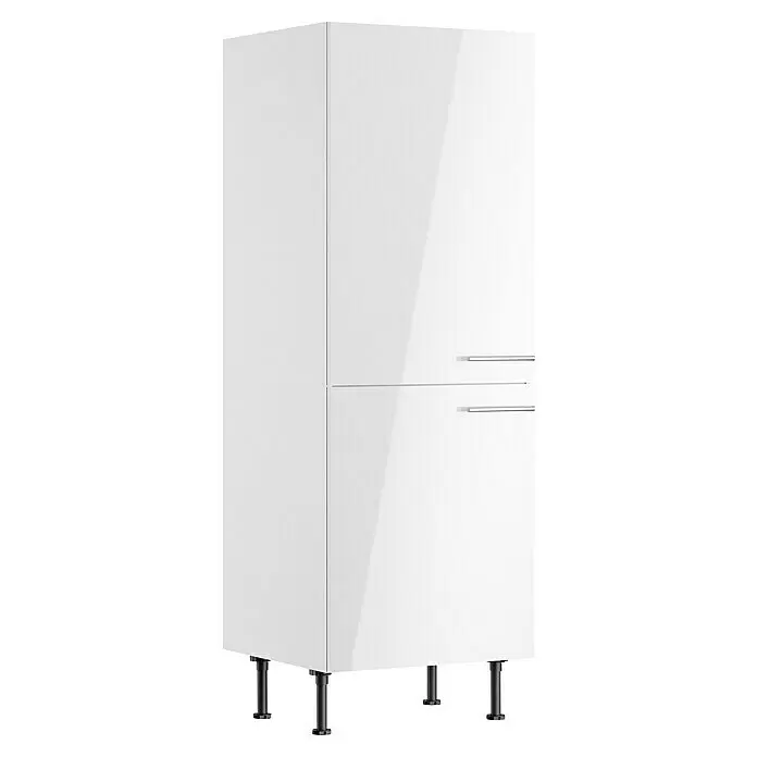 Optifit Midischrank Optikomfort Rurik986 - L x B x H: 58,1 x 60 x 176,6 cm, Glanz Lack Weiß - Hoher, weißer Schrank mit Hochglanztüren, horizontalen Griffen und schwarzen Beinen.