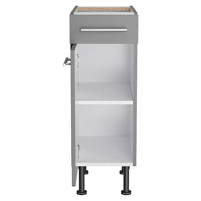 Optifit Unterschrank Optikomfort Mats825 - L x B x H: 58,1 x 30 x 87 cm, Basaltgrau - Offener grauer Küchenunterschrank mit Schublade, zwei Einlegeböden und schwarzen verstellbaren Beinen.