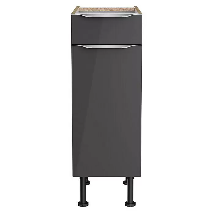 Optifit Unterschrank Optikomfort Linus984 - L x B x H: 58,1 x 30 x 87 cm, Glanz Lack Anthrazit - Dunkelgrauer Küchenunterschrank mit zwei Schubladen, silbernen Griffen und schwarzen Beinen. Spanplattenoberseite.