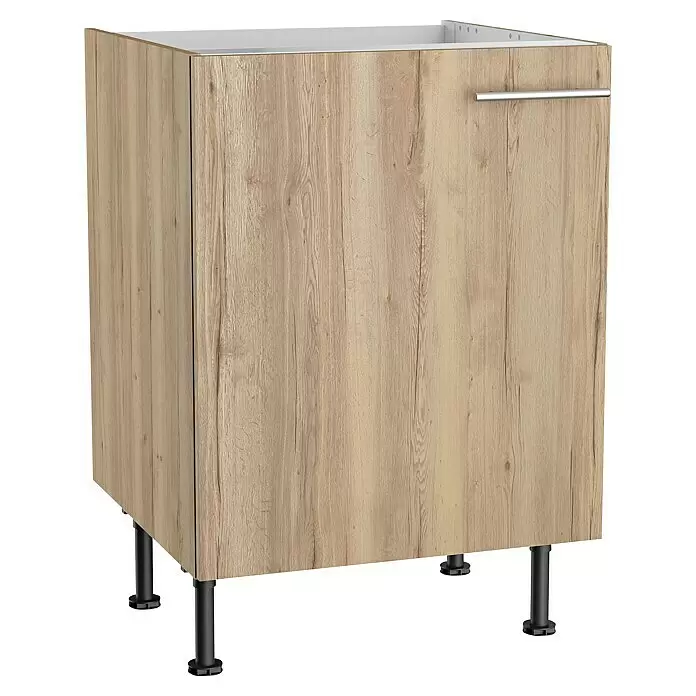 Optifit Spülenunterschrank Erik290 - B x T x H: 60 x 58,1 x 87 cm - Heller Unterschrank in Holzoptik mit zwei Türen, silbernem Griff und schwarzen verstellbaren Beinen.