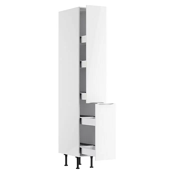 Optifit Hochschrank Optikomfort Arvid 986 - L x B x H: 58,1 x 30 x 211,8 cm, Glanz Lack Weiß - Weißer hoher Küchenschrank mit mehreren internen Auszügen auf schwarzen verstellbaren Beinen.