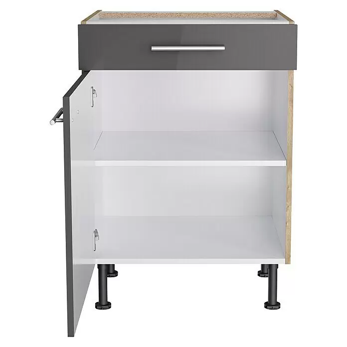 Optifit Unterschrank Jonte984 - L x B x H: 58,1 x 60 x 87 cm, Glanz Lack Anthrazit - Offener Küchenunterschrank mit grauer Schublade, weißen Einlegeböden, heller Holzseite und verstellbaren Füßen.