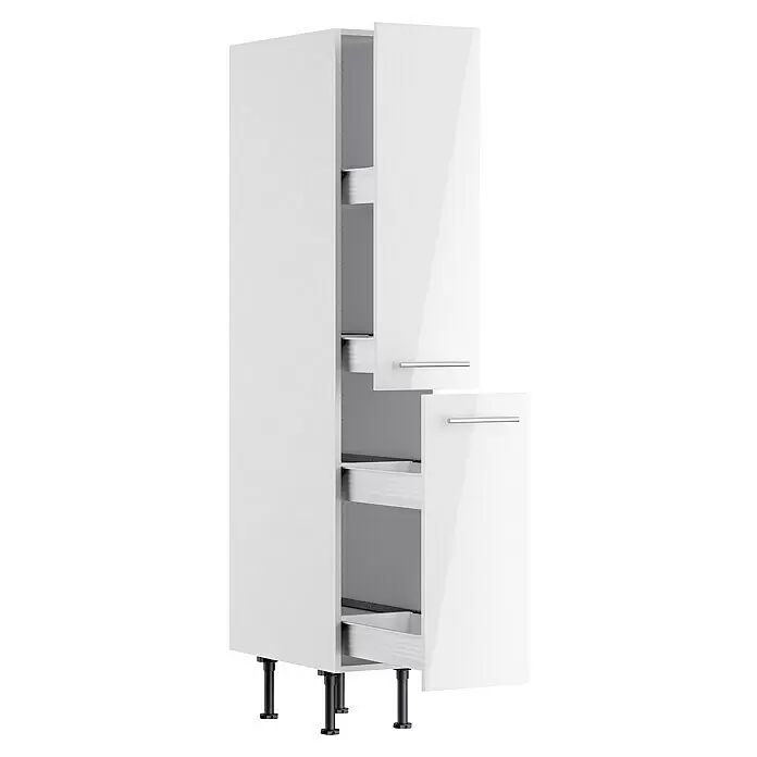 Optifit Apotheker-Hochschrank Optikomfort Rurik986 - L x B x H: 58,1 x 30 x 176,6 cm, Glanz Lack Weiß - Hoher weißer Küchenschrank mit zwei halb geöffneten Türen, ausziehbaren Schubladen und verstellbaren Füßen.