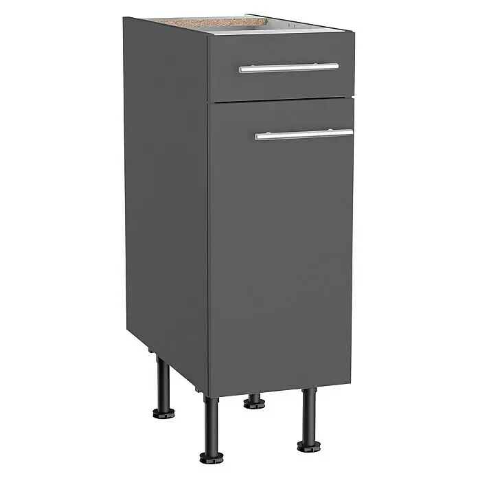 Optifit Unterschrank Ingvar420 - L x B x H: 58,1 x 30 x 87 cm, Anthrazit matt - Dunkelgrauer Küchenunterschrank mit zwei Schubladen, silbernen Griffen und schwarzen verstellbaren Beinen, mit unfertiger Oberfläche.