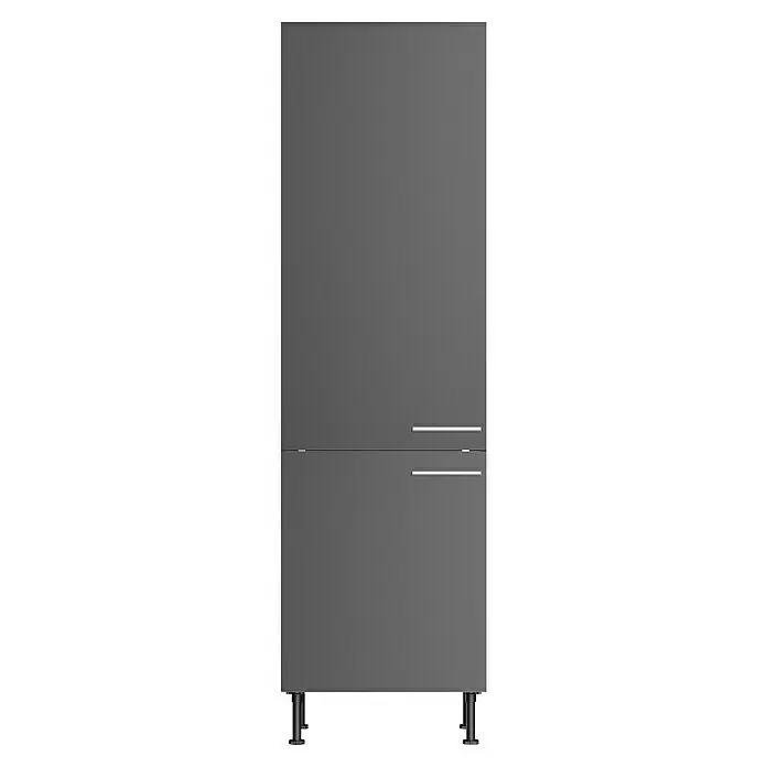 Optifit Hochschrank Ingvar420 - L x B x H: 58,1 x 60 x 211,8 cm, Anthrazit matt - Dunkelgrauer Hochschrank mit zwei Fächern, silbernen Griffen und schwarzen verstellbaren Füßen.