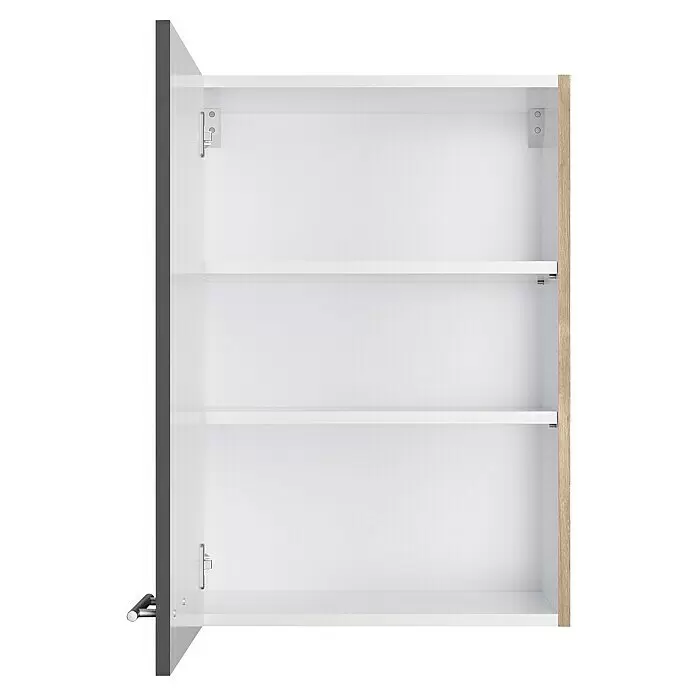 Optifit Hängeschrank Jonte984 - L x B x H: 34,6 x 50 x 70,4 cm, Glanz Lack Anthrazit - Offener Hängeschrank mit zwei weißen Einlegeböden, linker Seitenwand in Dunkelgrau und rechter in hellem Holz.